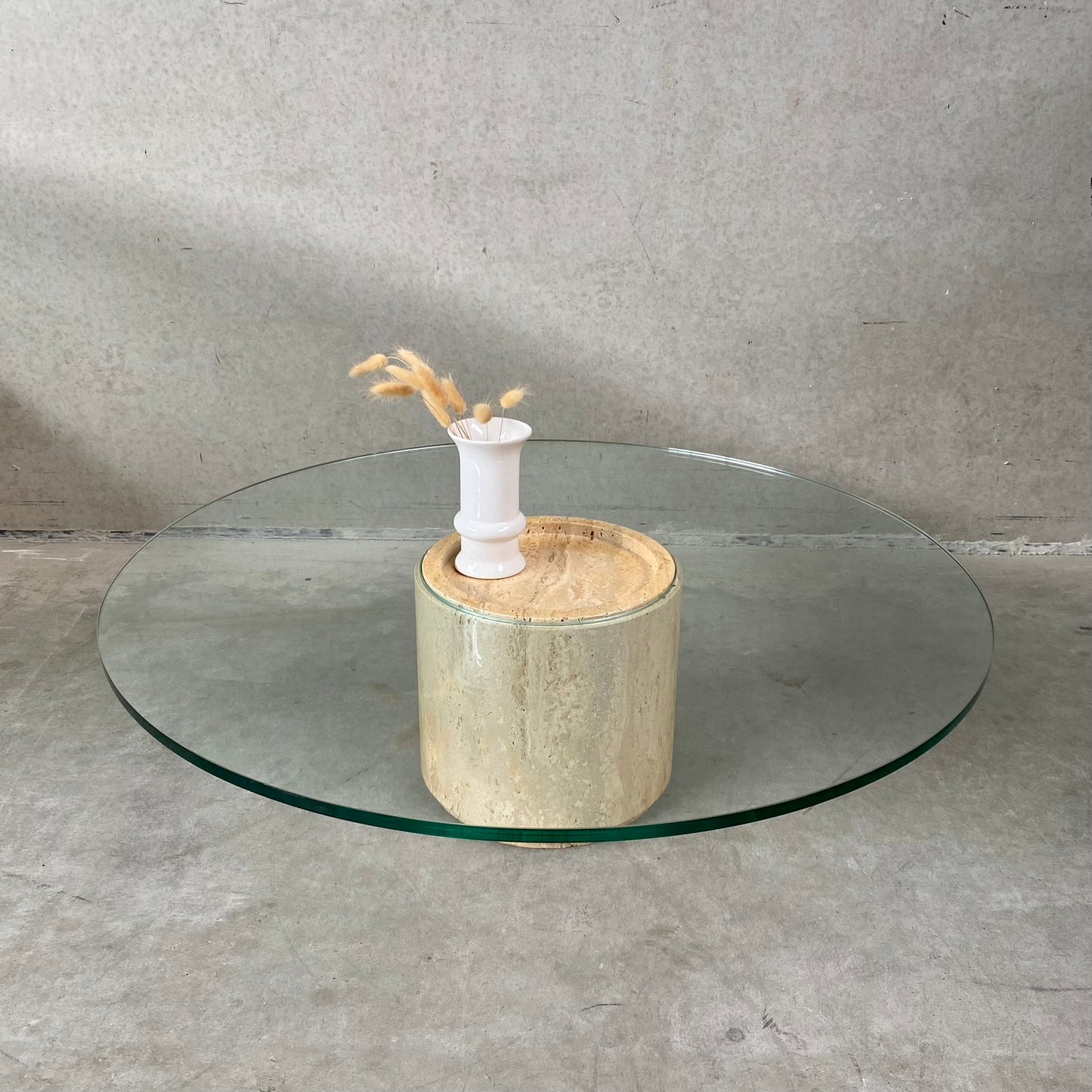 Mid-Century Round Travertine Glass Coffee Table Italy 1970