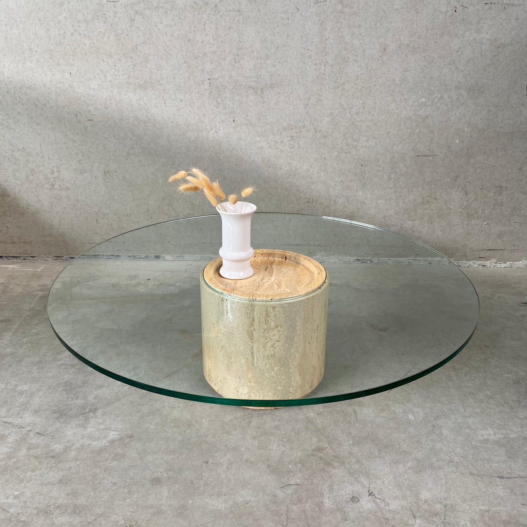 Mid-Century Round Travertine Glass Coffee Table Italy 1970