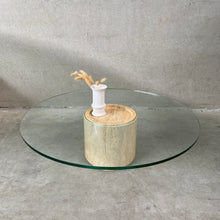 Load image into Gallery viewer, Mid-Century Round Travertine Glass Coffee Table Italy 1970
