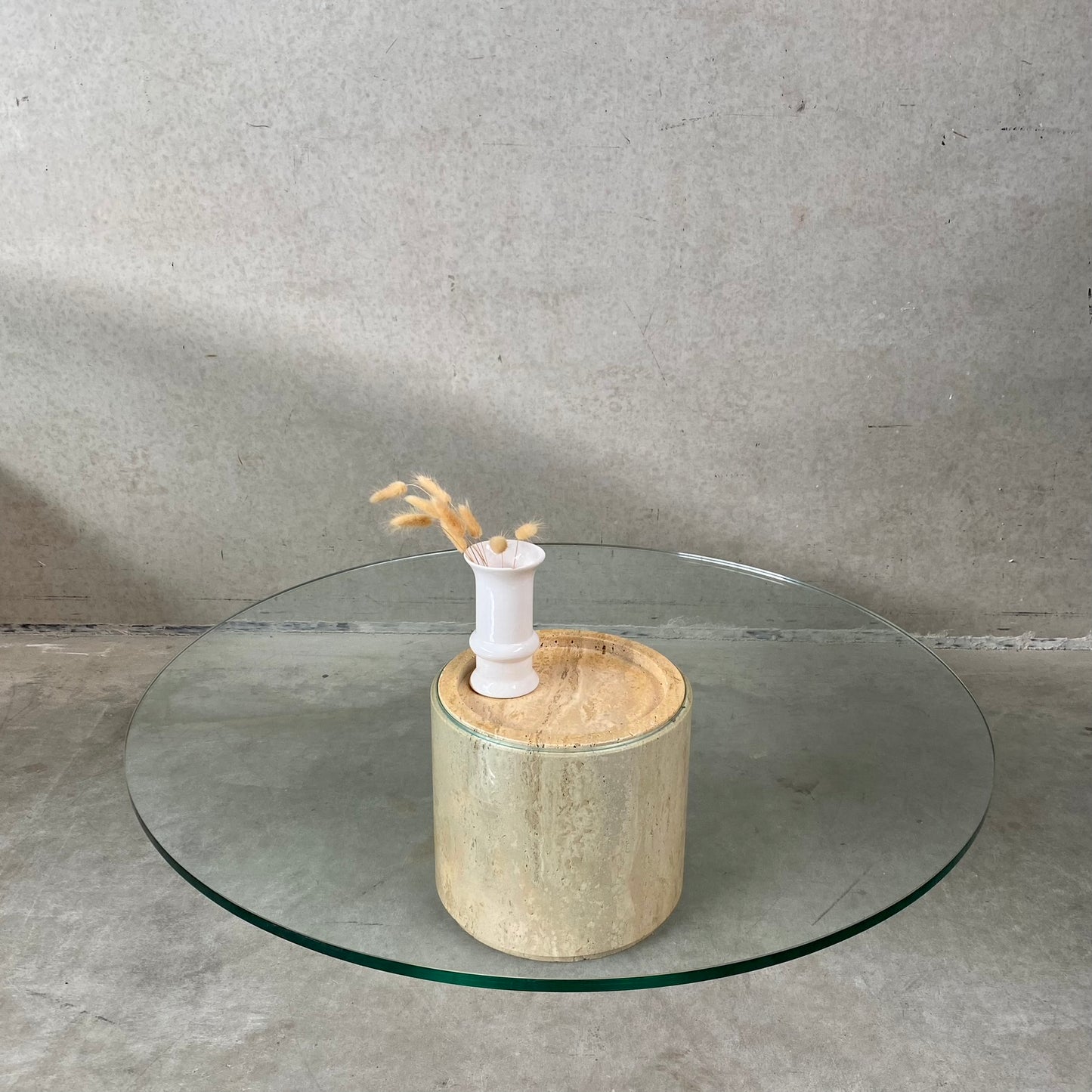 Mid-Century Round Travertine Glass Coffee Table Italy 1970