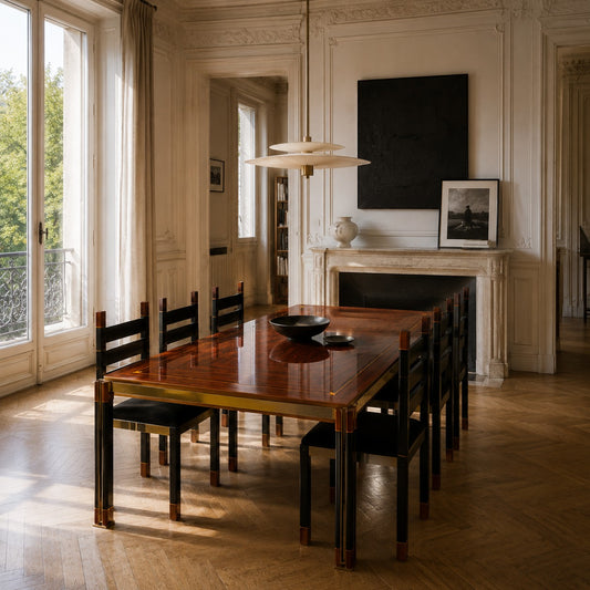 Mid-Century Brass and Italian Walnut Dining Set by Paolo Barracchia for Roman Deco, Italy 1978