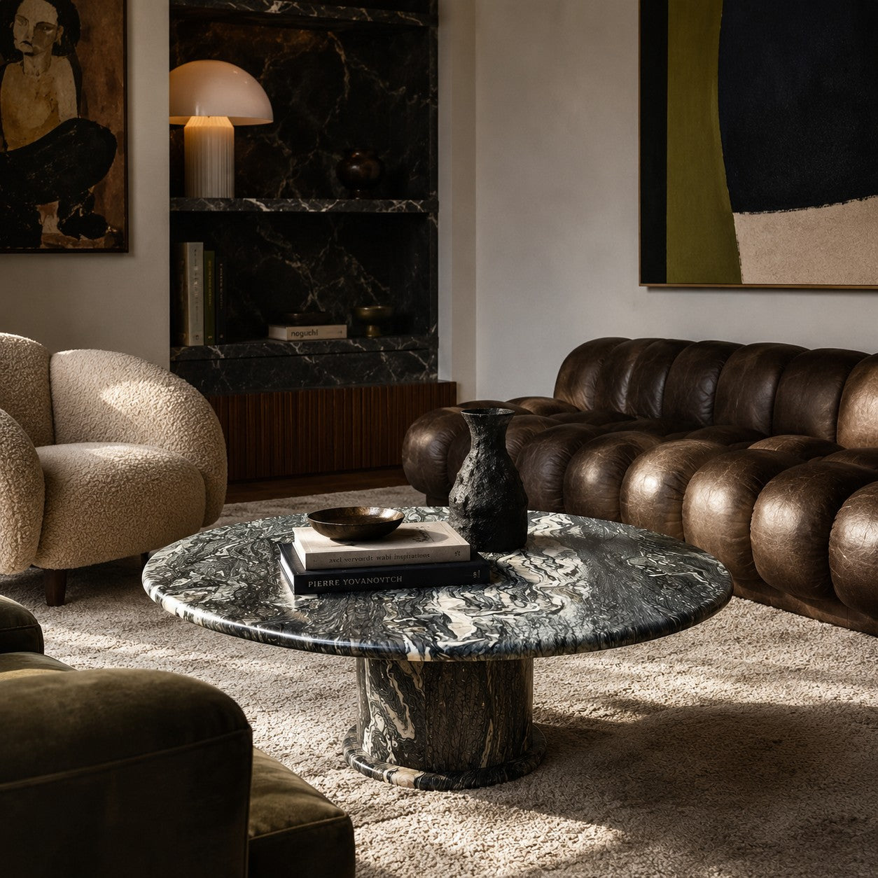 Mid-Century Cipollino Marble Round Coffee Table 1980