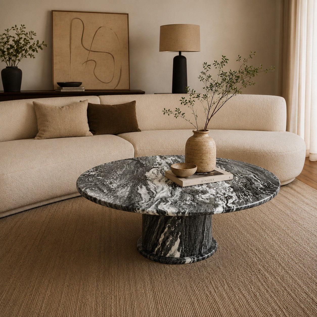 Mid-Century Cipollino Marble Round Coffee Table 1980