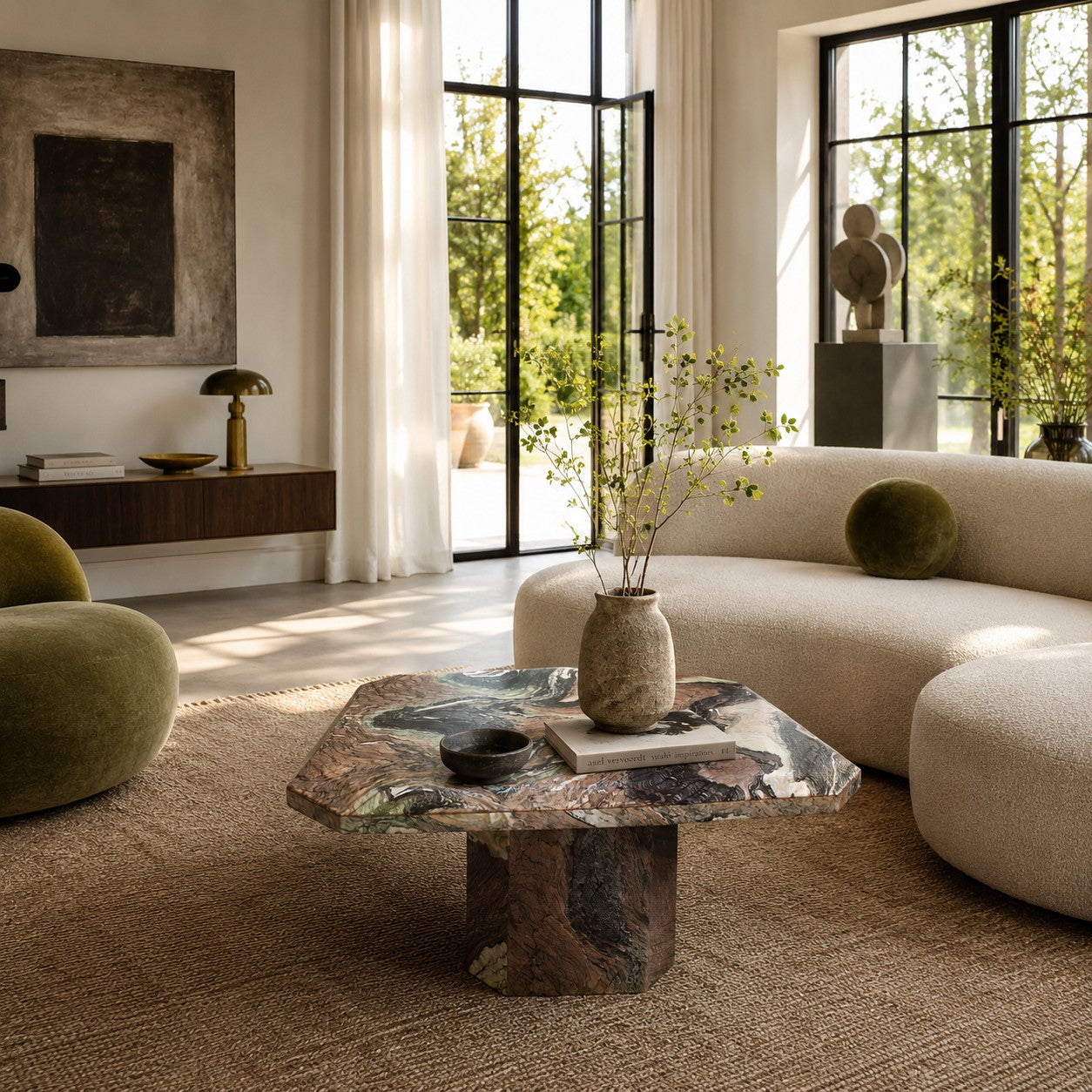 Mid-Century Octagonal Cipollino Ondulato Marble Coffee Table, Italy 1980