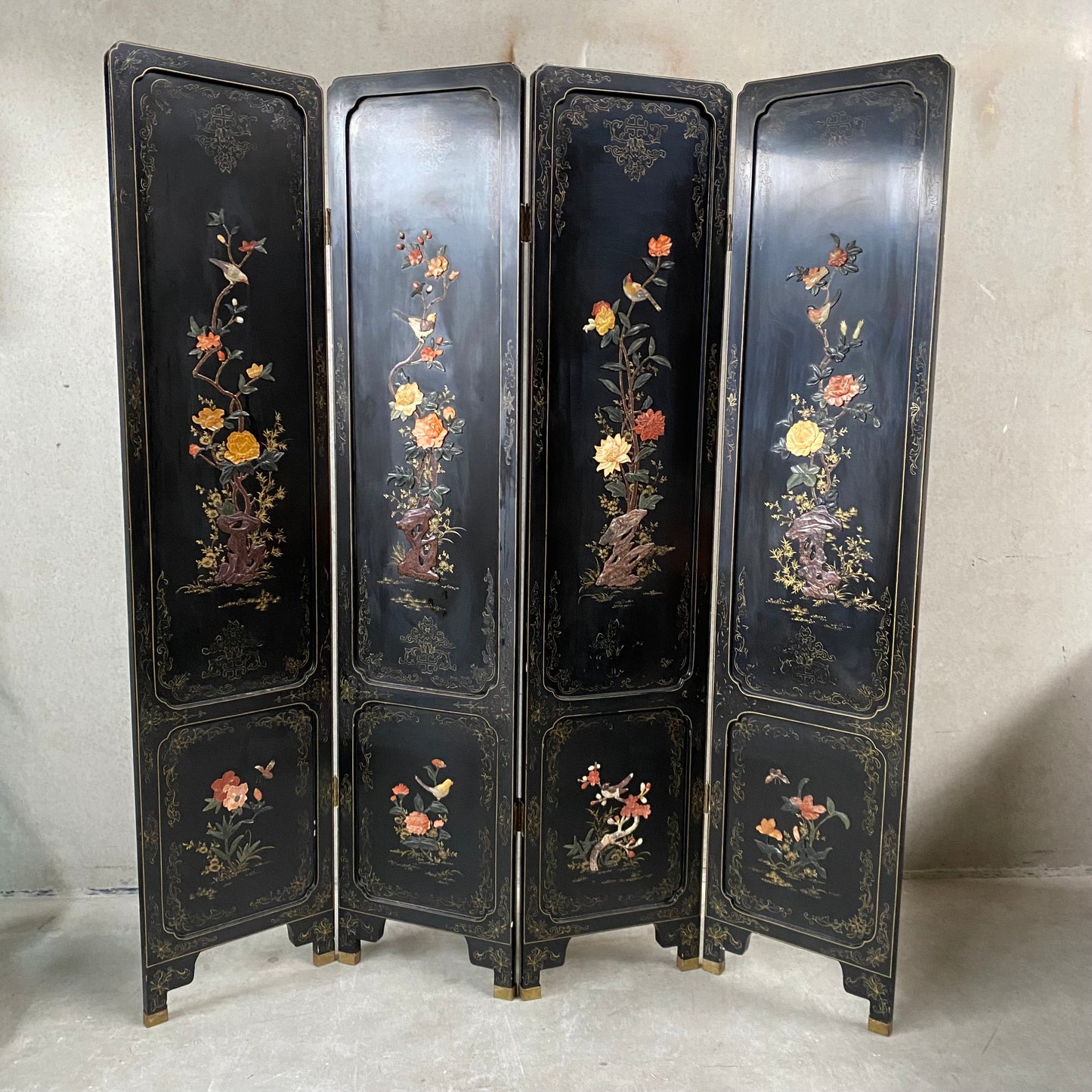 Chinese Black Carved Soapstone Flower Birds 4 Panel Folding Screen Room Divider