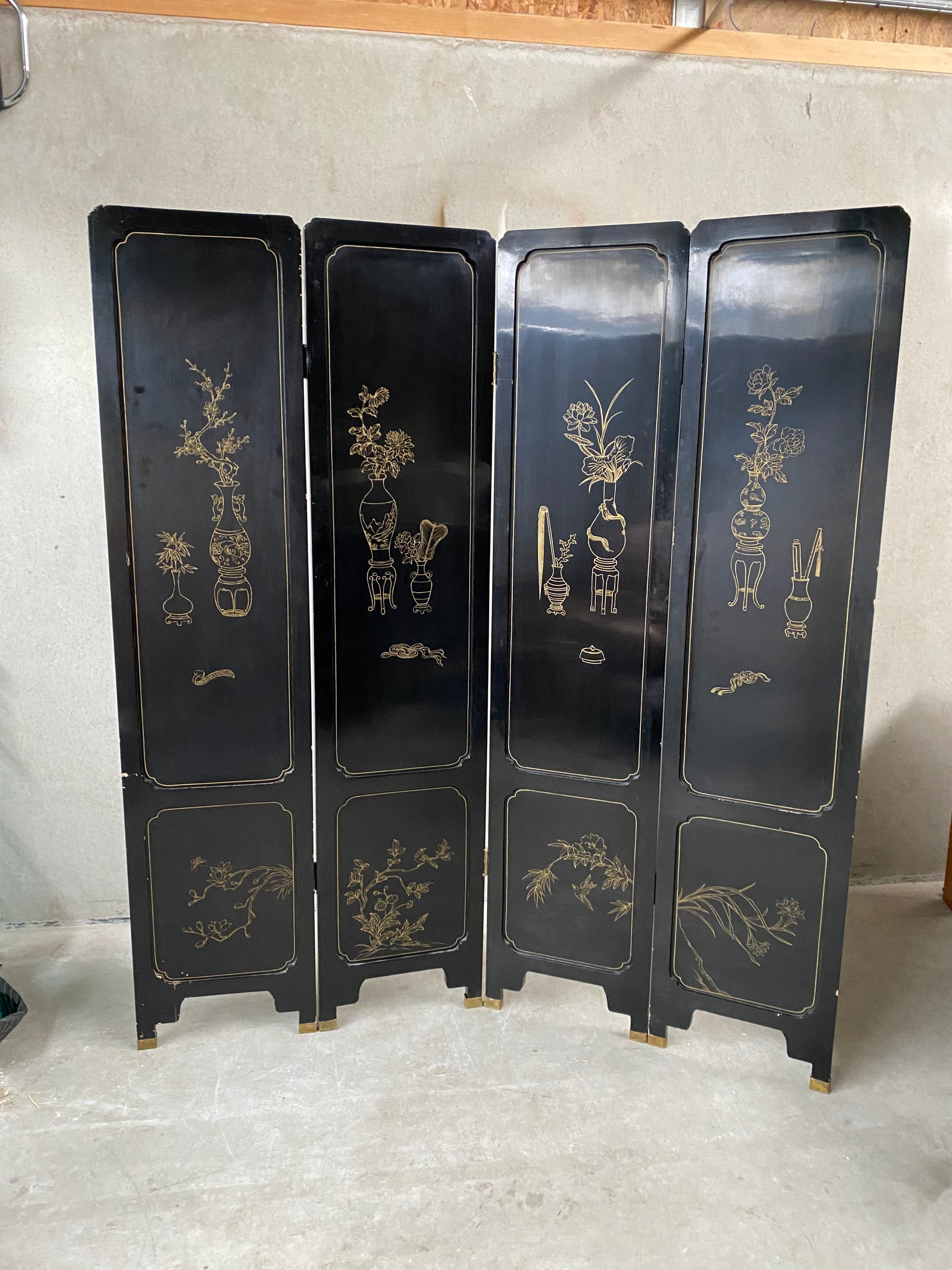 Chinese Black Carved Soapstone Flower Birds 4 Panel Folding Screen Room Divider