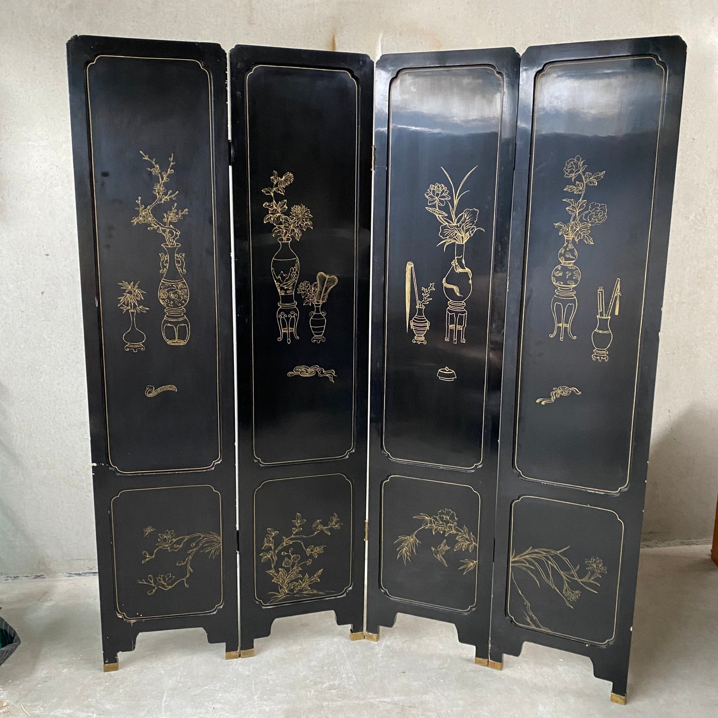 Chinese Black Carved Soapstone Flower Birds 4 Panel Folding Screen Room Divider