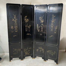 Load image into Gallery viewer, Chinese Black Carved Soapstone Flower Birds 4 Panel Folding Screen Room Divider
