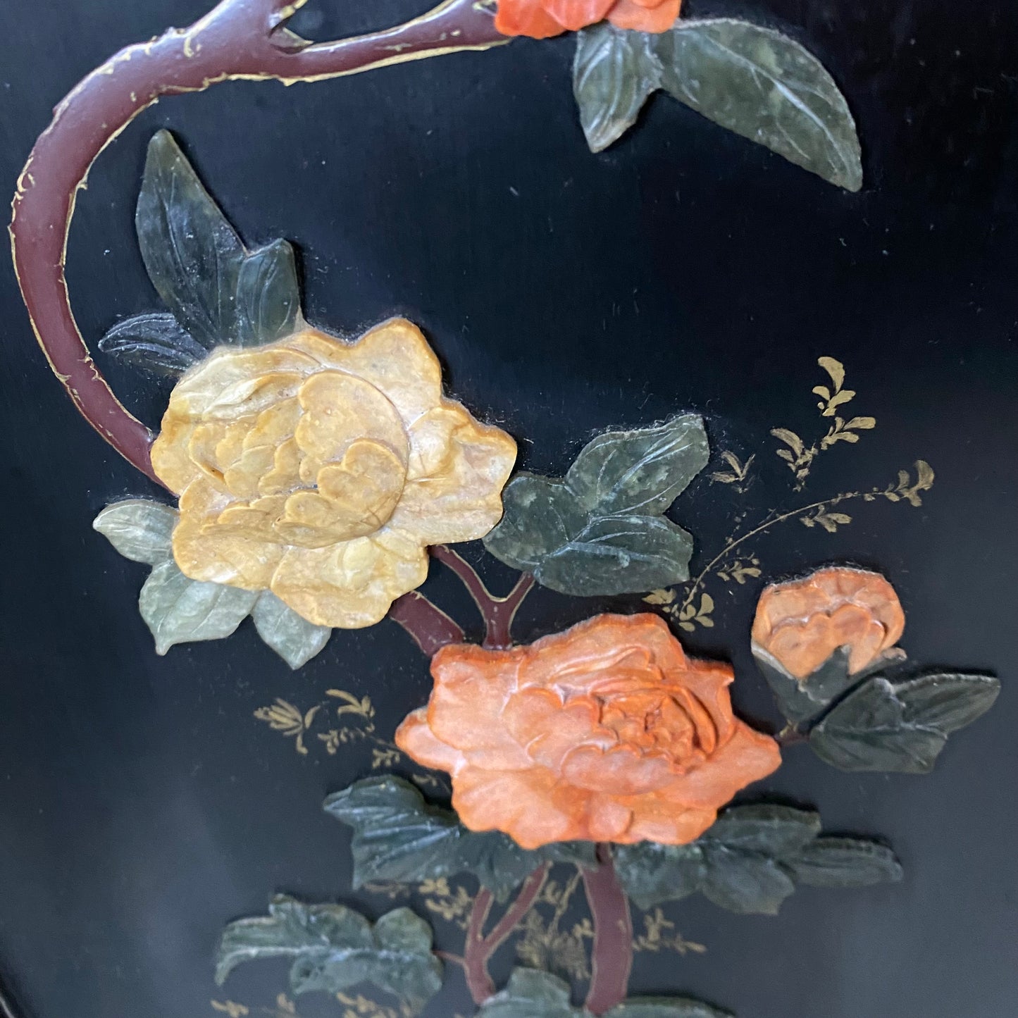 Paravent pliant à 4 panneaux en stéatite noire sculptée, motif fleurs et oiseaux, style chinois