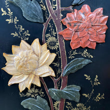 Load image into Gallery viewer, Chinese Black Carved Soapstone Flower Birds 4 Panel Folding Screen Room Divider
