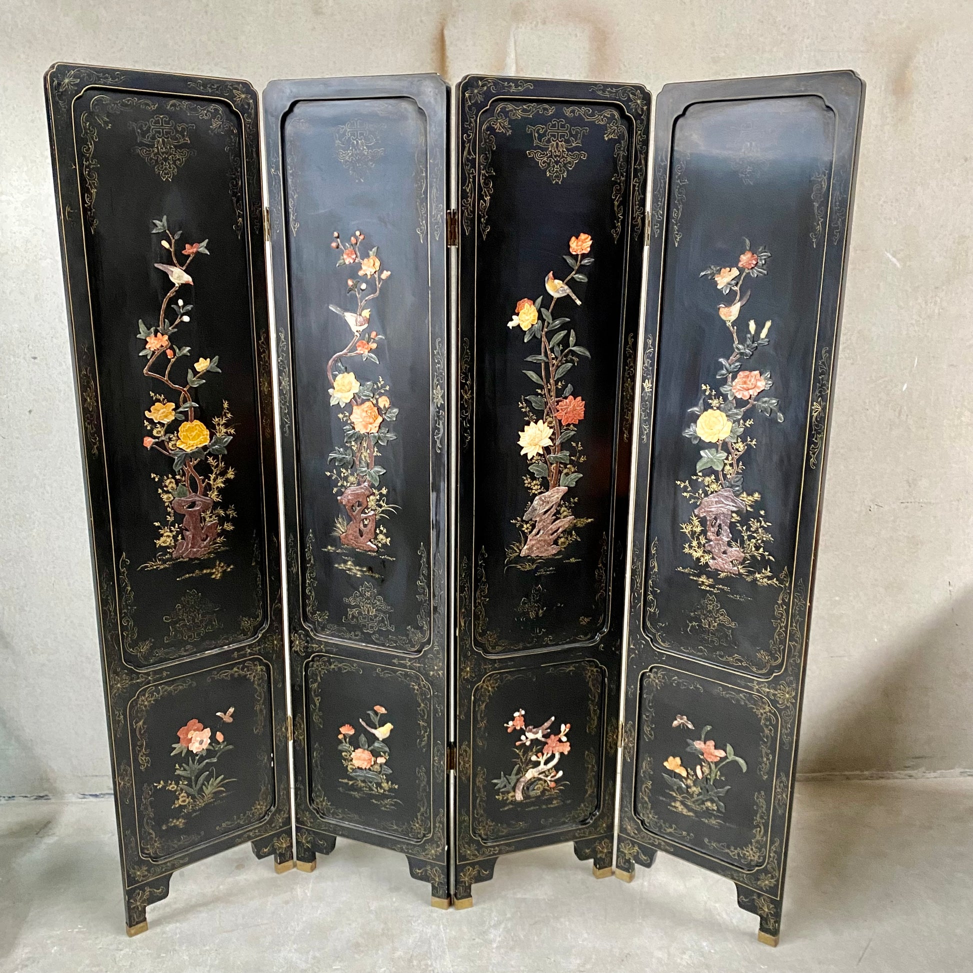 Chinese Black Carved Soapstone Flower Birds 4 Panel Folding Screen Room Divider