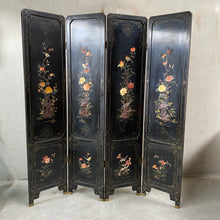 Load image into Gallery viewer, Chinese Black Carved Soapstone Flower Birds 4 Panel Folding Screen Room Divider
