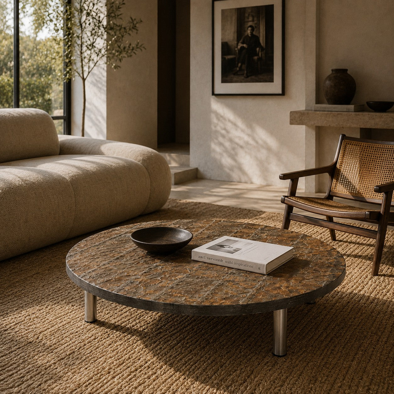 Brutalist Round Raw Slate Stone Coffee Table, France 1970