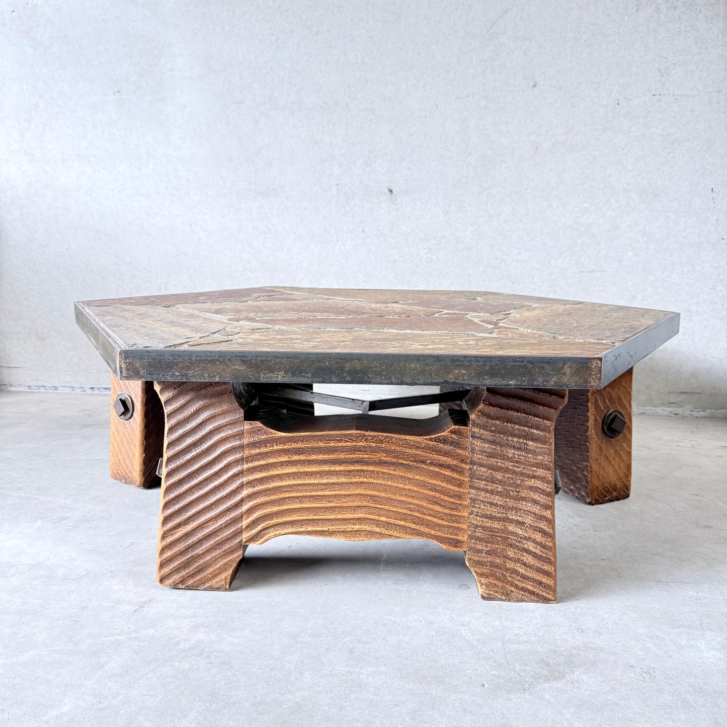Octagonal Slate Flag Stone Coffee Table Solid Oak Base, France 1960