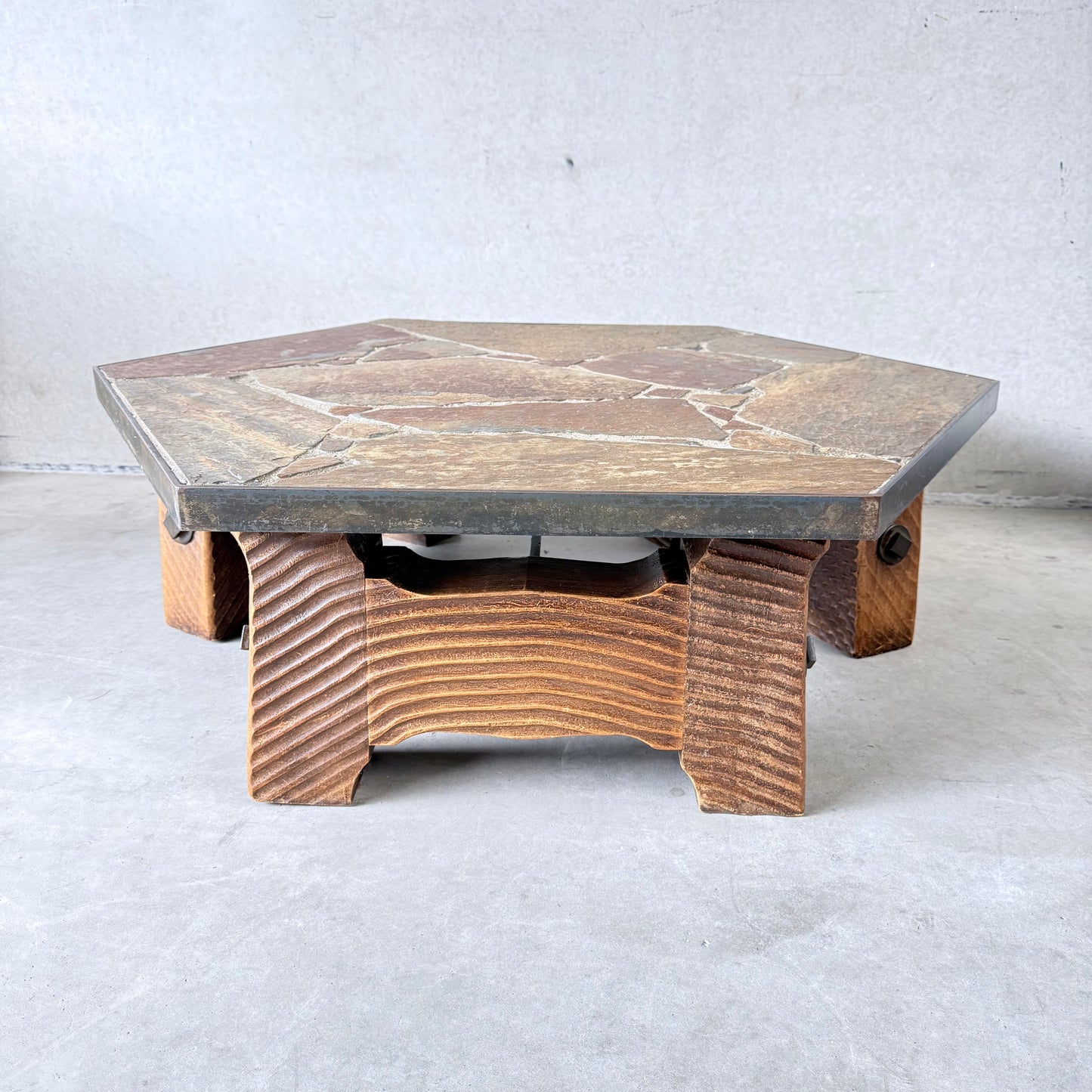 Octagonal Slate Flag Stone Coffee Table Solid Oak Base, France 1960