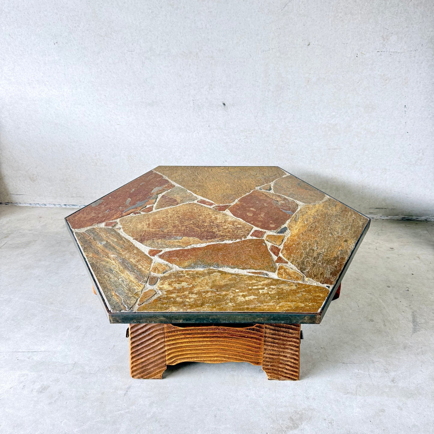 Octagonal Slate Flag Stone Coffee Table Solid Oak Base, France 1960