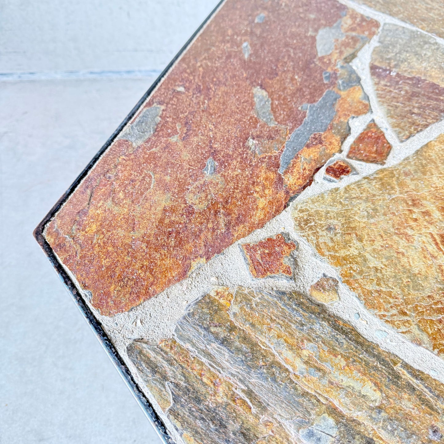 Octagonal Slate Flag Stone Coffee Table Solid Oak Base, France 1960