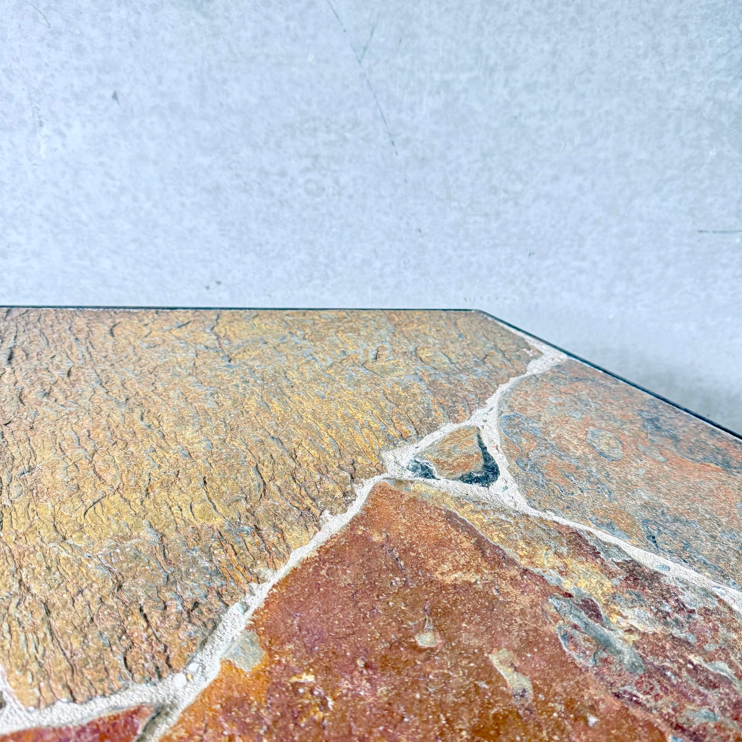 Octagonal Slate Flag Stone Coffee Table Solid Oak Base, France 1960