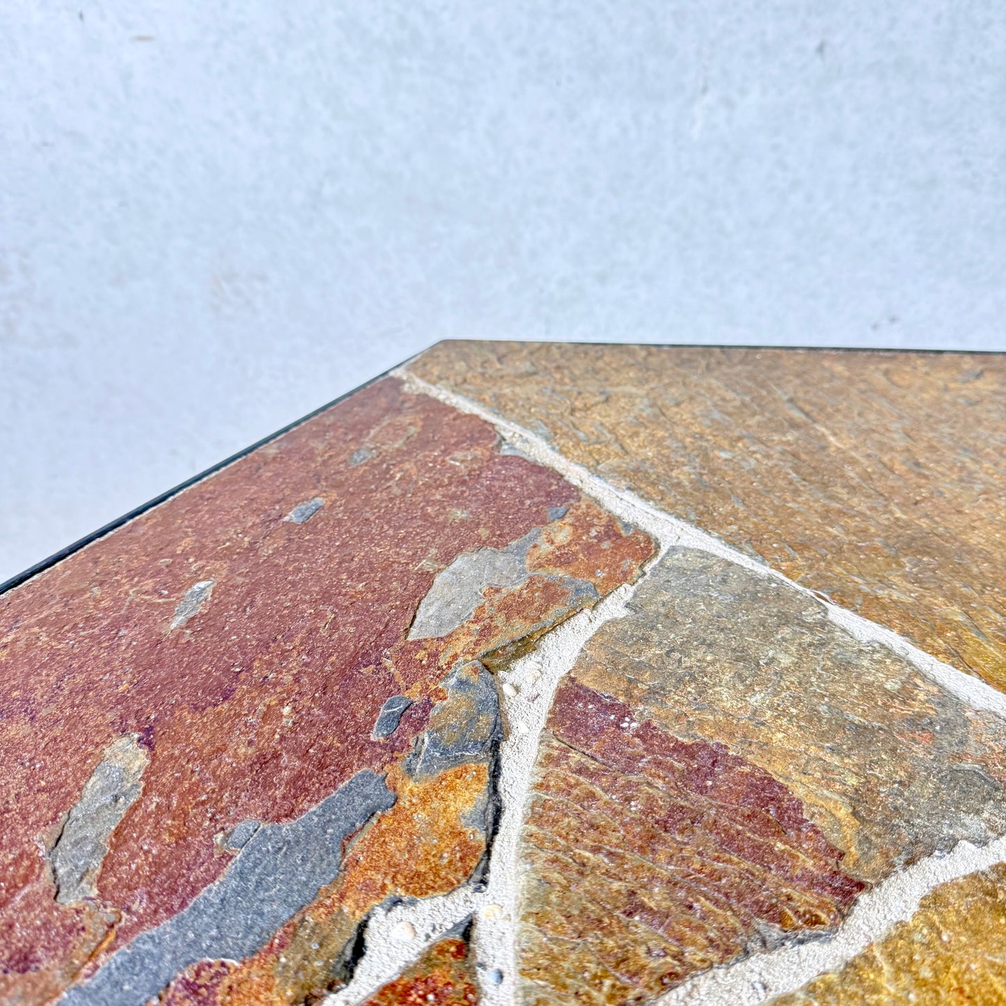 Octagonal Slate Flag Stone Coffee Table Solid Oak Base, France 1960
