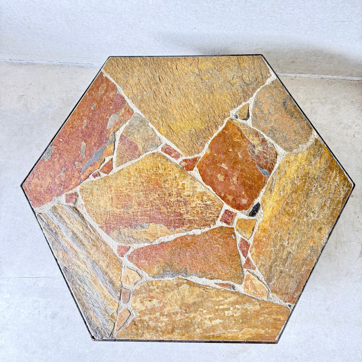 Octagonal Slate Flag Stone Coffee Table Solid Oak Base, France 1960