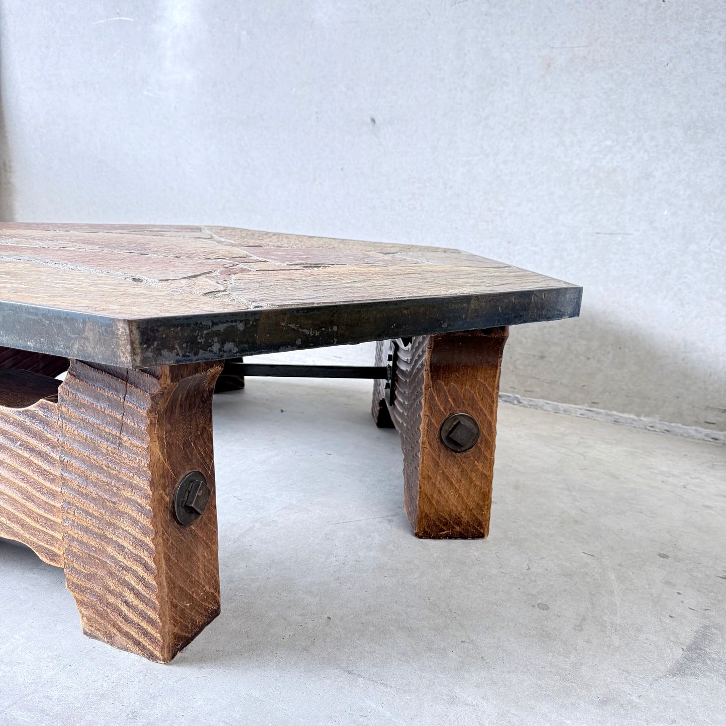 Octagonal Slate Flag Stone Coffee Table Solid Oak Base, France 1960