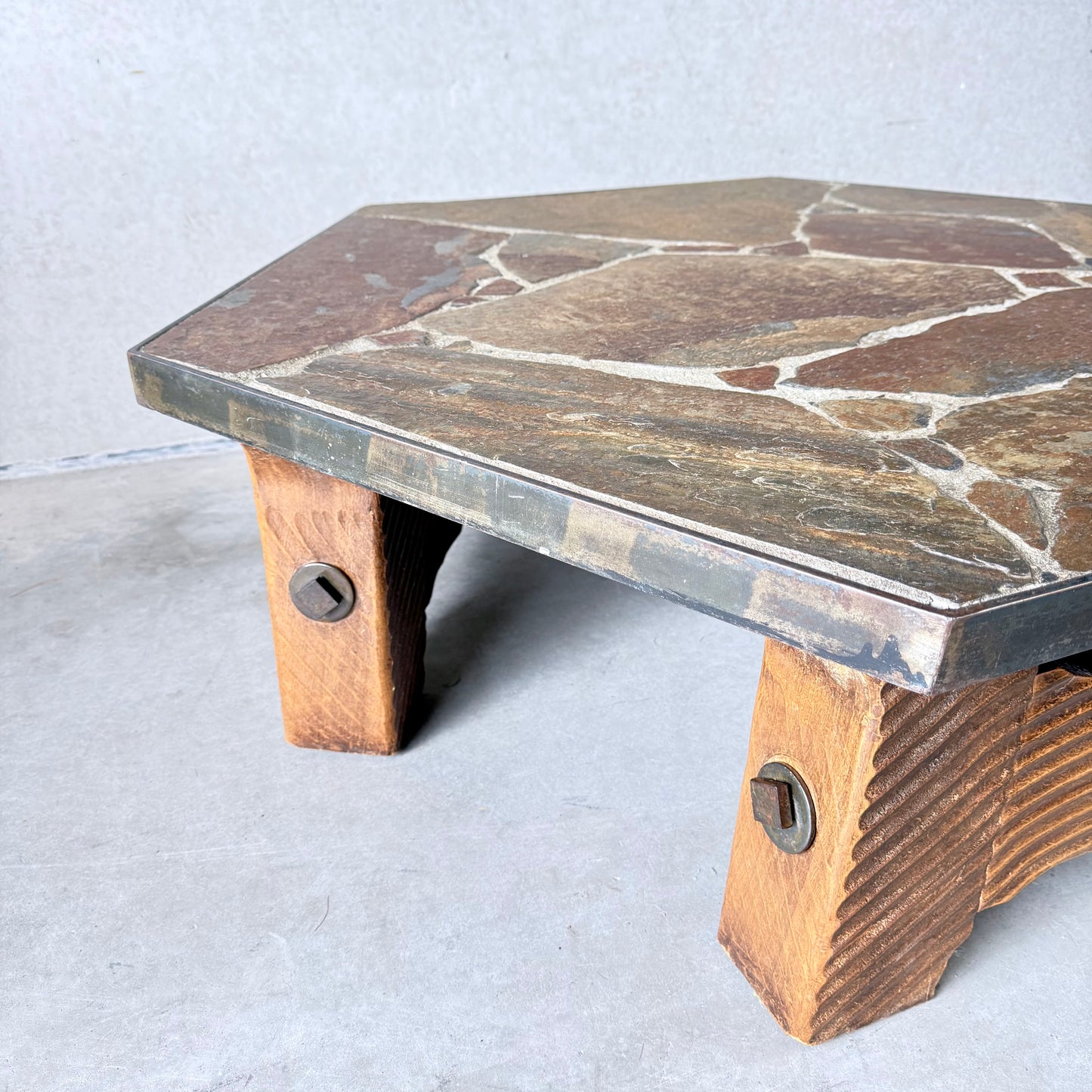 Octagonal Slate Flag Stone Coffee Table Solid Oak Base, France 1960