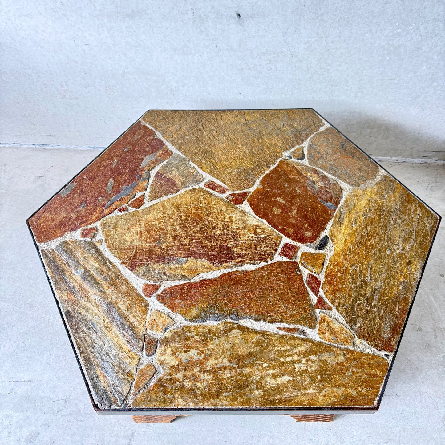 Octagonal Slate Flag Stone Coffee Table Solid Oak Base, France 1960