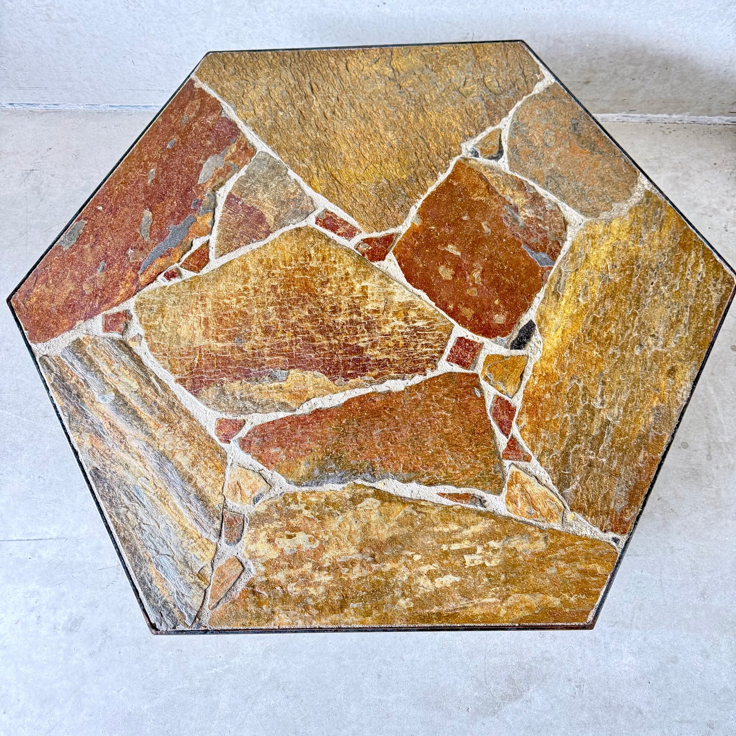 Octagonal Slate Flag Stone Coffee Table Solid Oak Base, France 1960