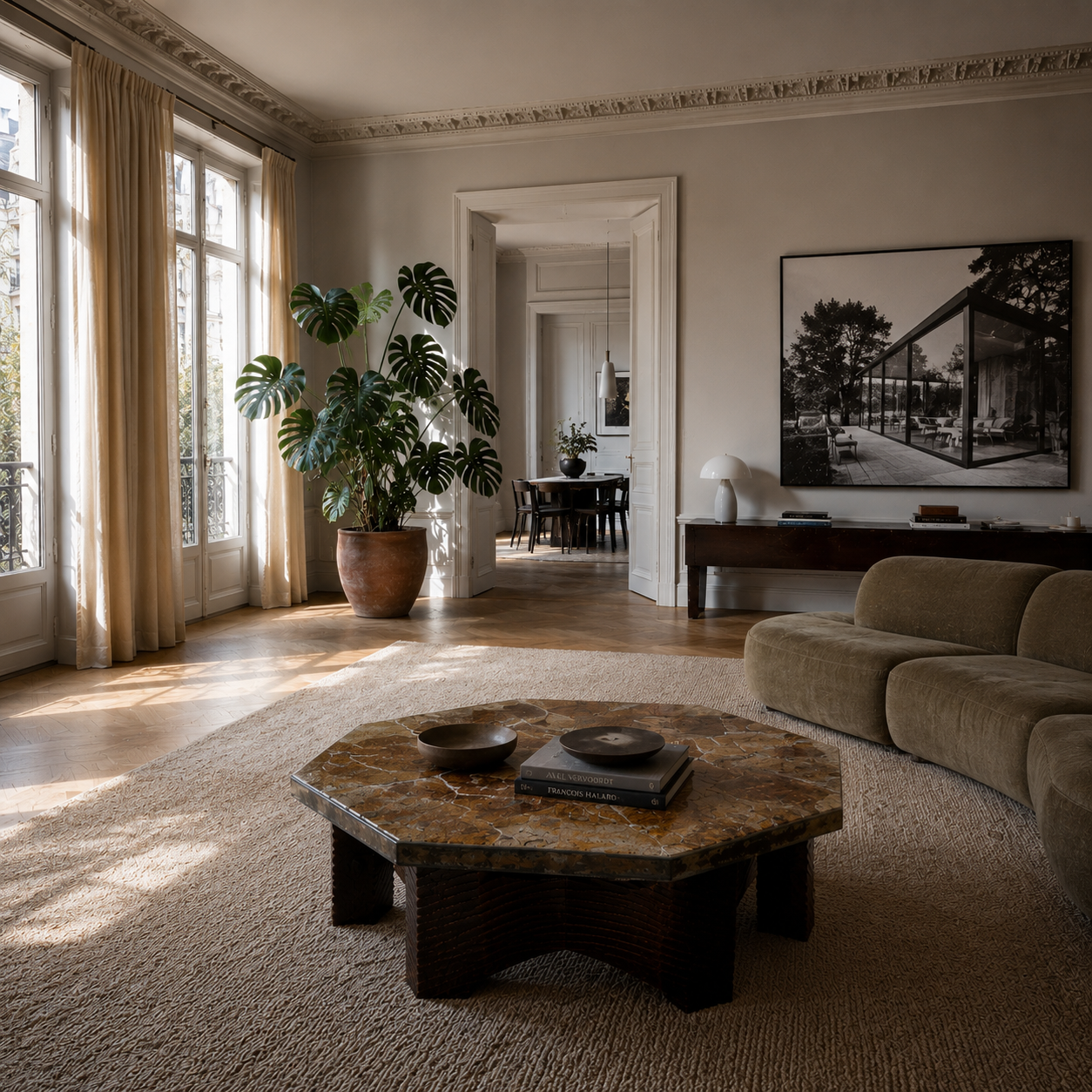 Octagonal Slate Flag Stone Coffee Table Solid Oak Base, France 1960