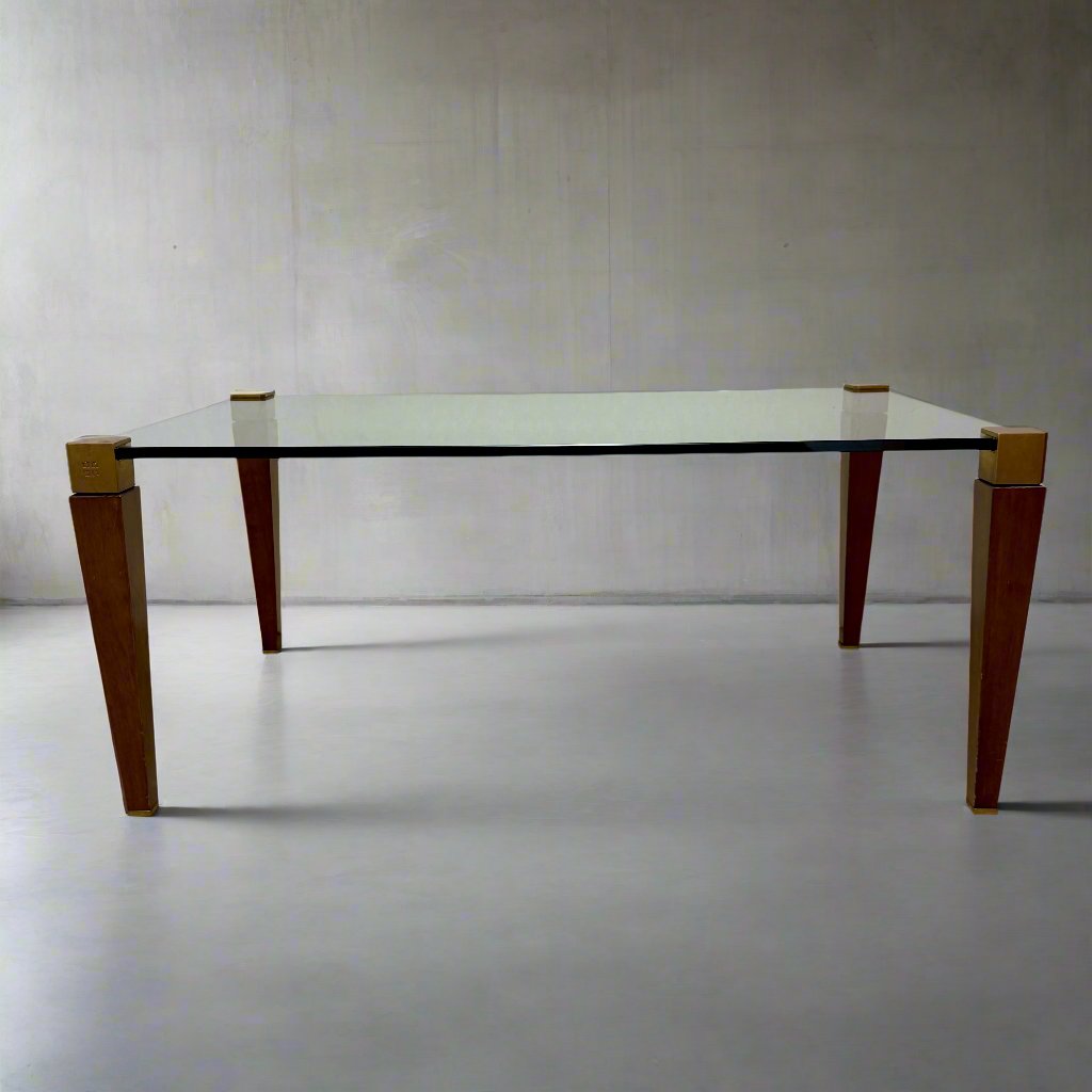 Mid-century Peter Ghyczy Rectangular Brass Glass Oak Coffee Table 1970