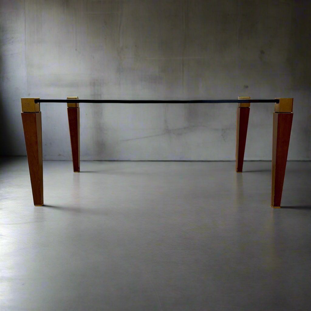 Mid-century Peter Ghyczy Rectangular Brass Glass Oak Coffee Table 1970