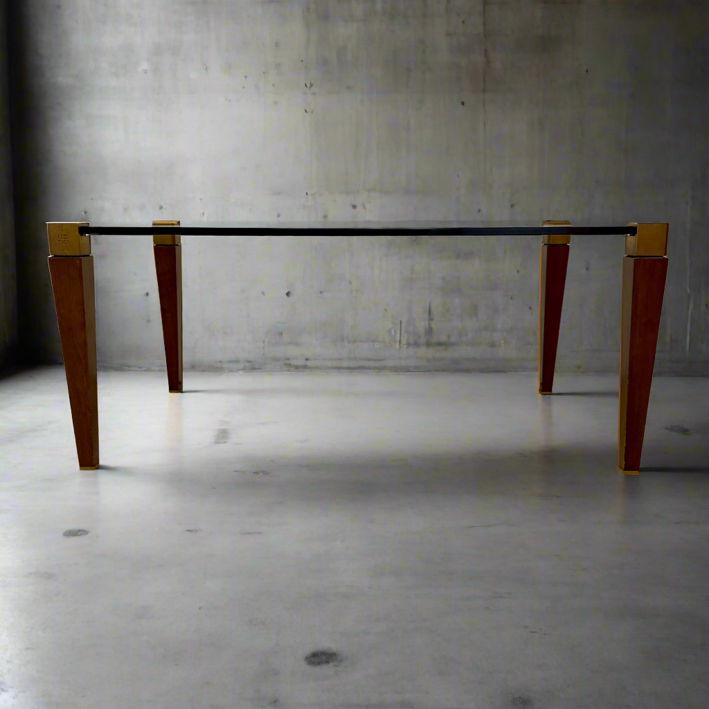 Mid-century Peter Ghyczy Rectangular Brass Glass Oak Coffee Table 1970