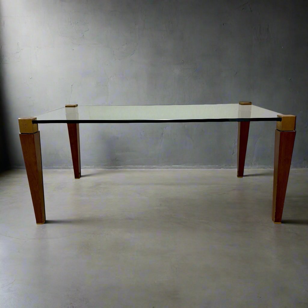 Mid-century Peter Ghyczy Rectangular Brass Glass Oak Coffee Table 1970