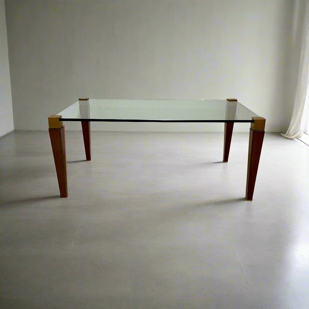 Mid-century Peter Ghyczy Rectangular Brass Glass Oak Coffee Table 1970