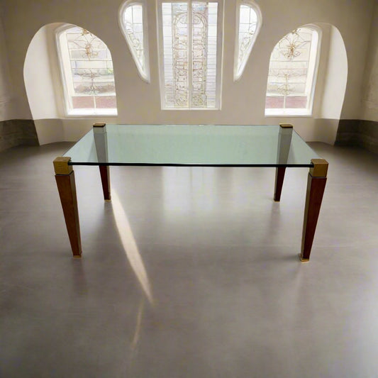 Mid-century Peter Ghyczy Rectangular Brass Glass Oak Coffee Table 1970