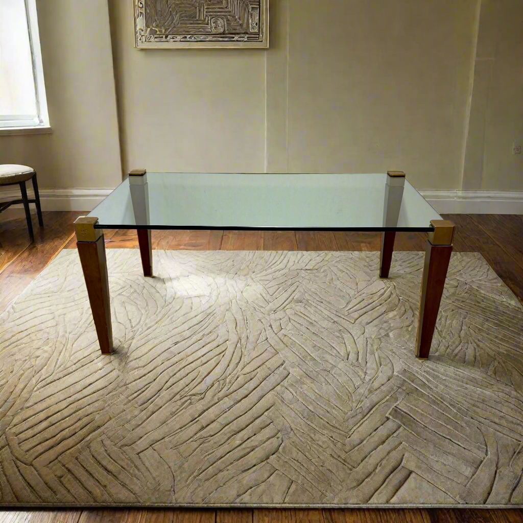 Mid-century Peter Ghyczy Rectangular Brass Glass Oak Coffee Table 1970