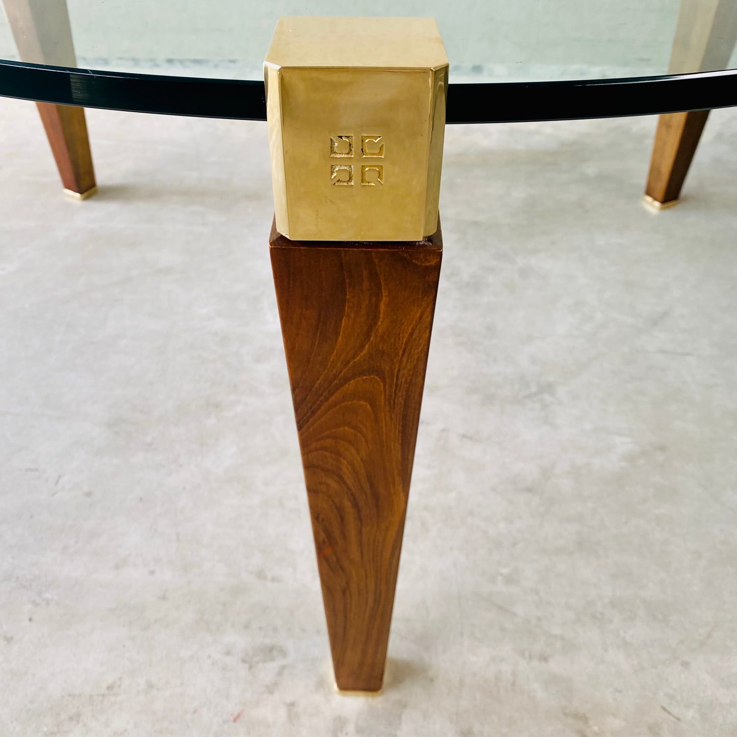 Mid-century Peter Ghyczy Round Brass Glass Oak Coffee Table 1970