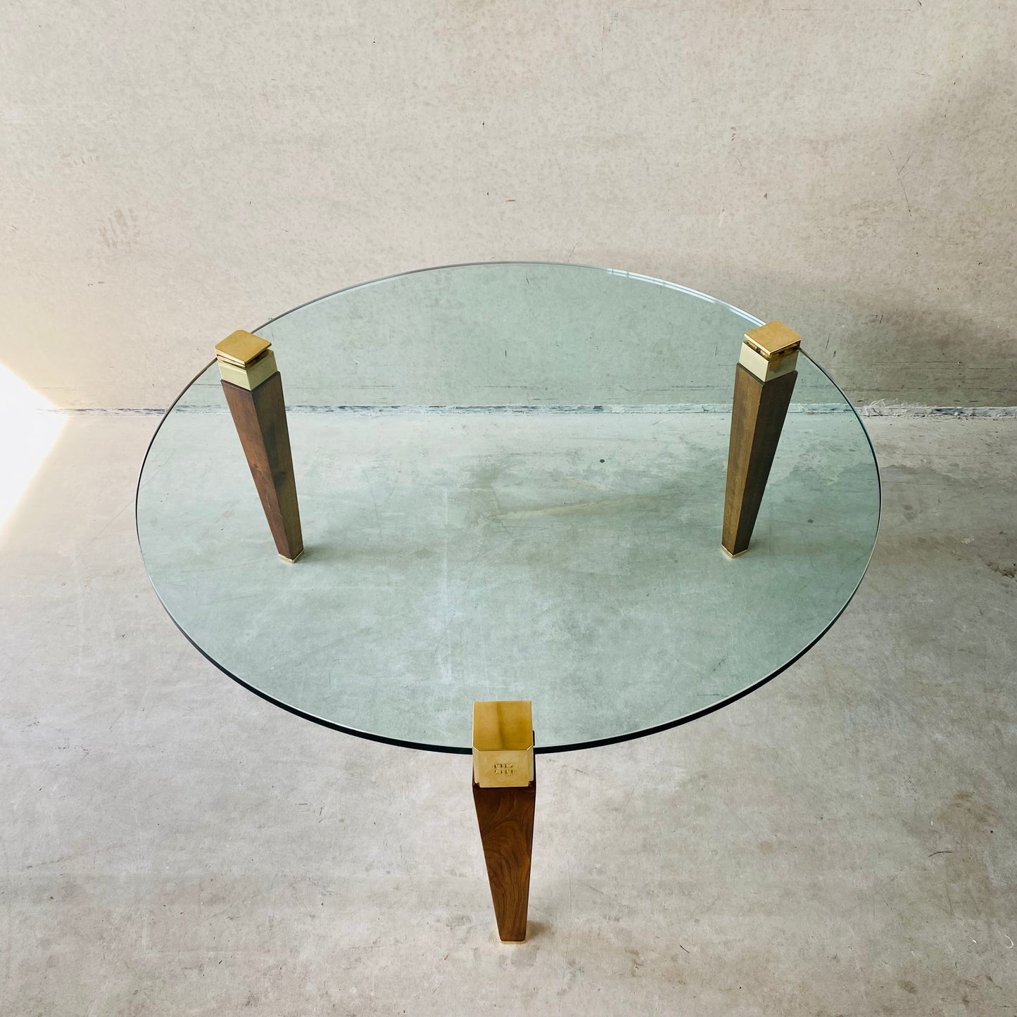 Mid-century Peter Ghyczy Round Brass Glass Oak Coffee Table 1970