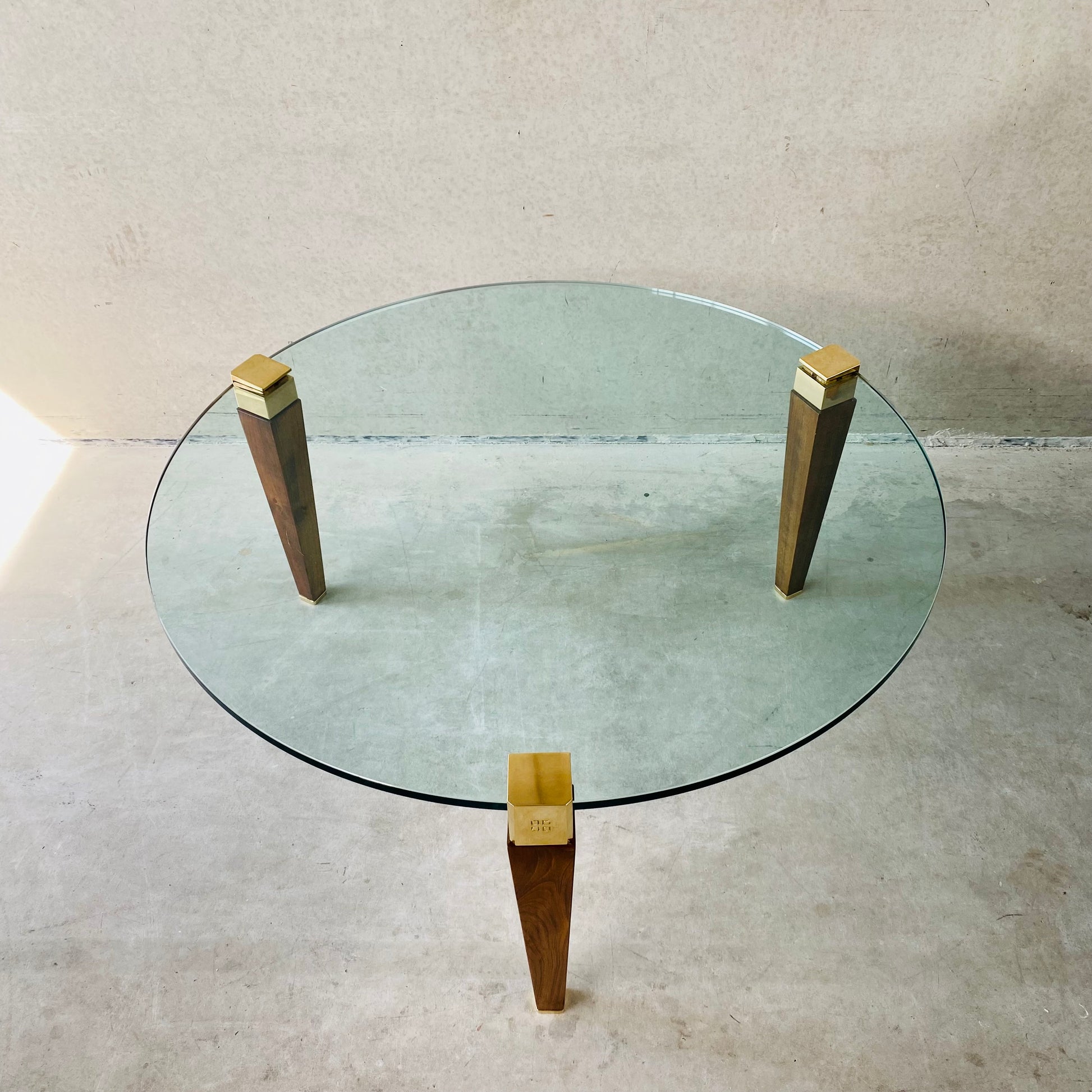 Mid-century Peter Ghyczy Round Brass Glass Oak Coffee Table 1970