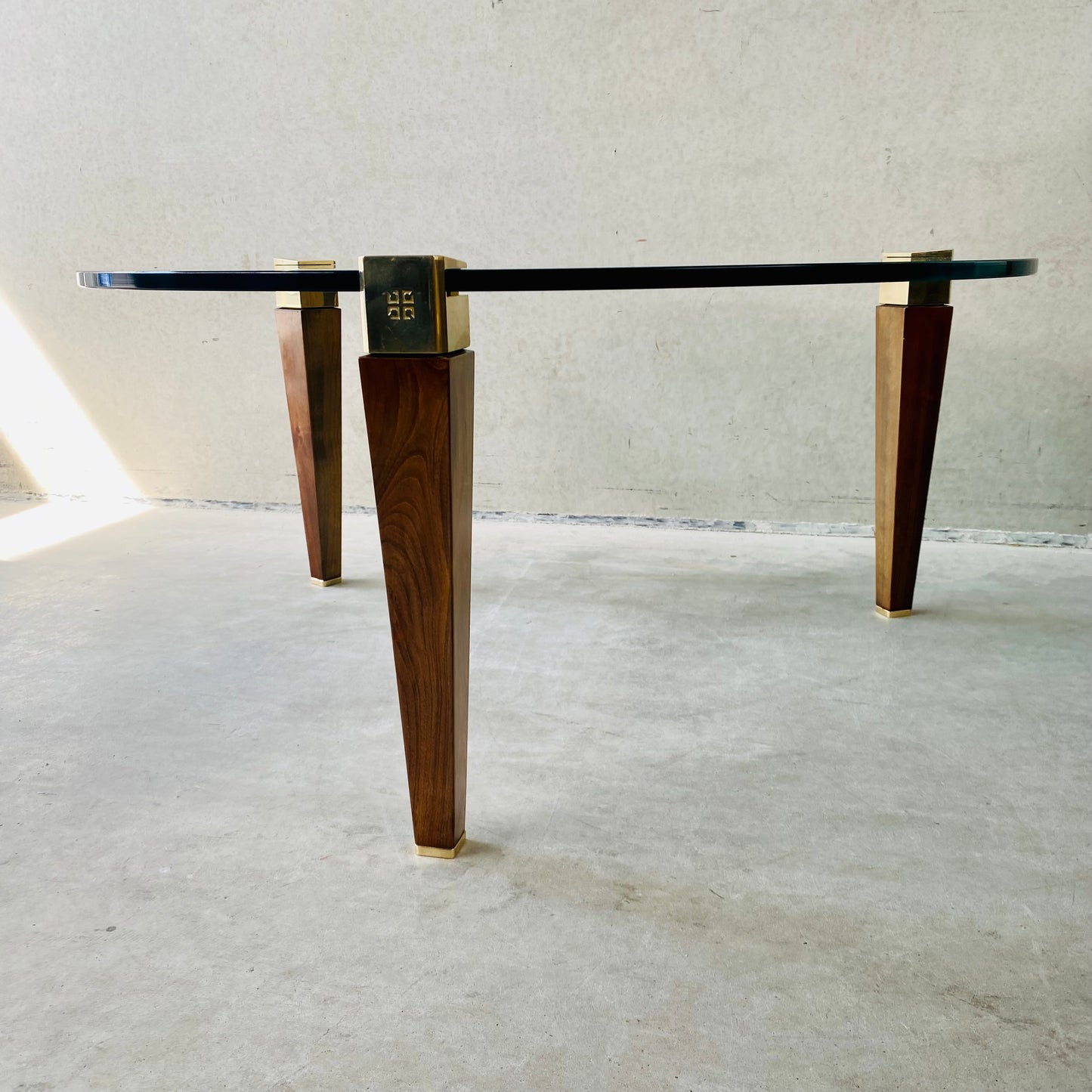 Mid-century Peter Ghyczy Round Brass Glass Oak Coffee Table 1970