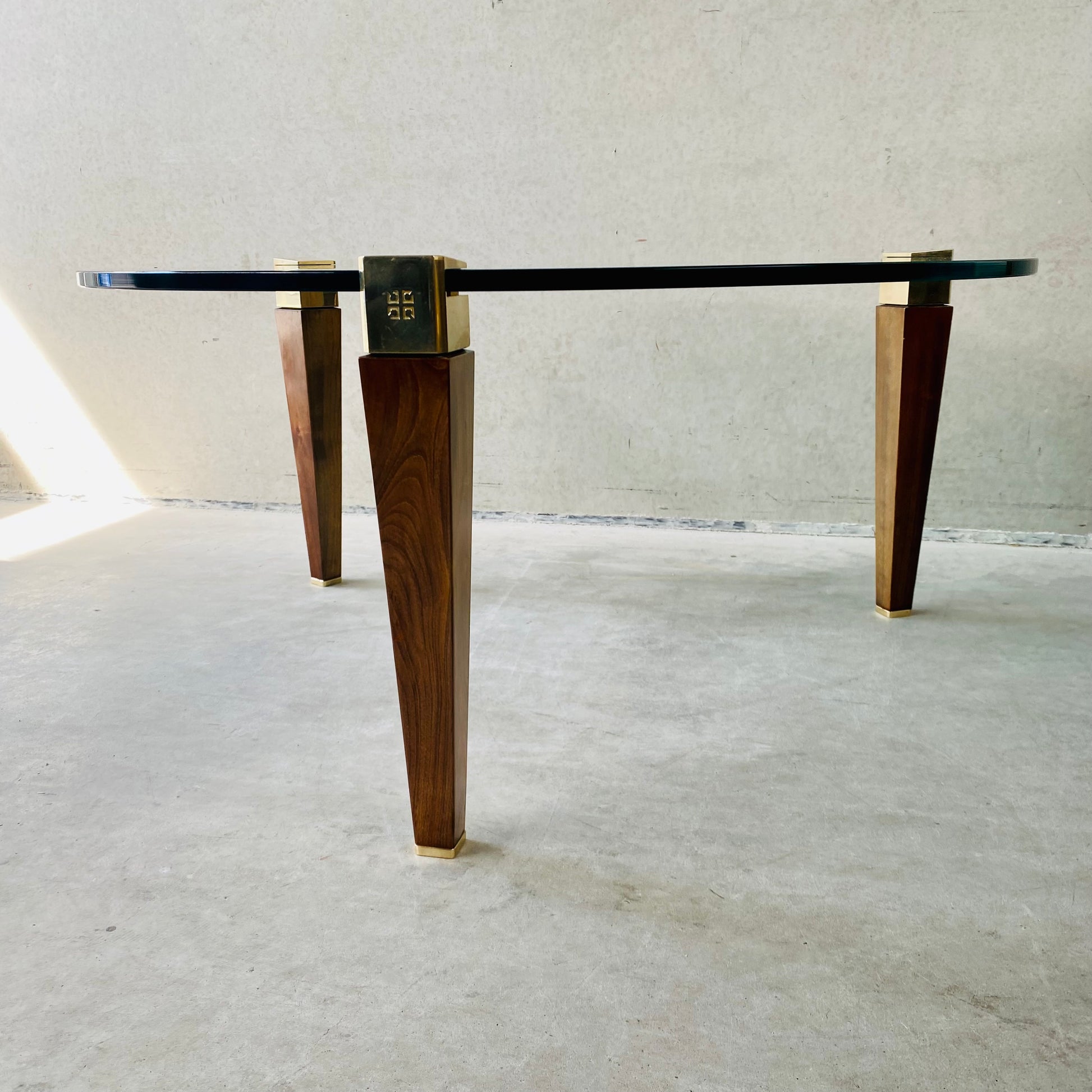Mid-century Peter Ghyczy Round Brass Glass Oak Coffee Table 1970