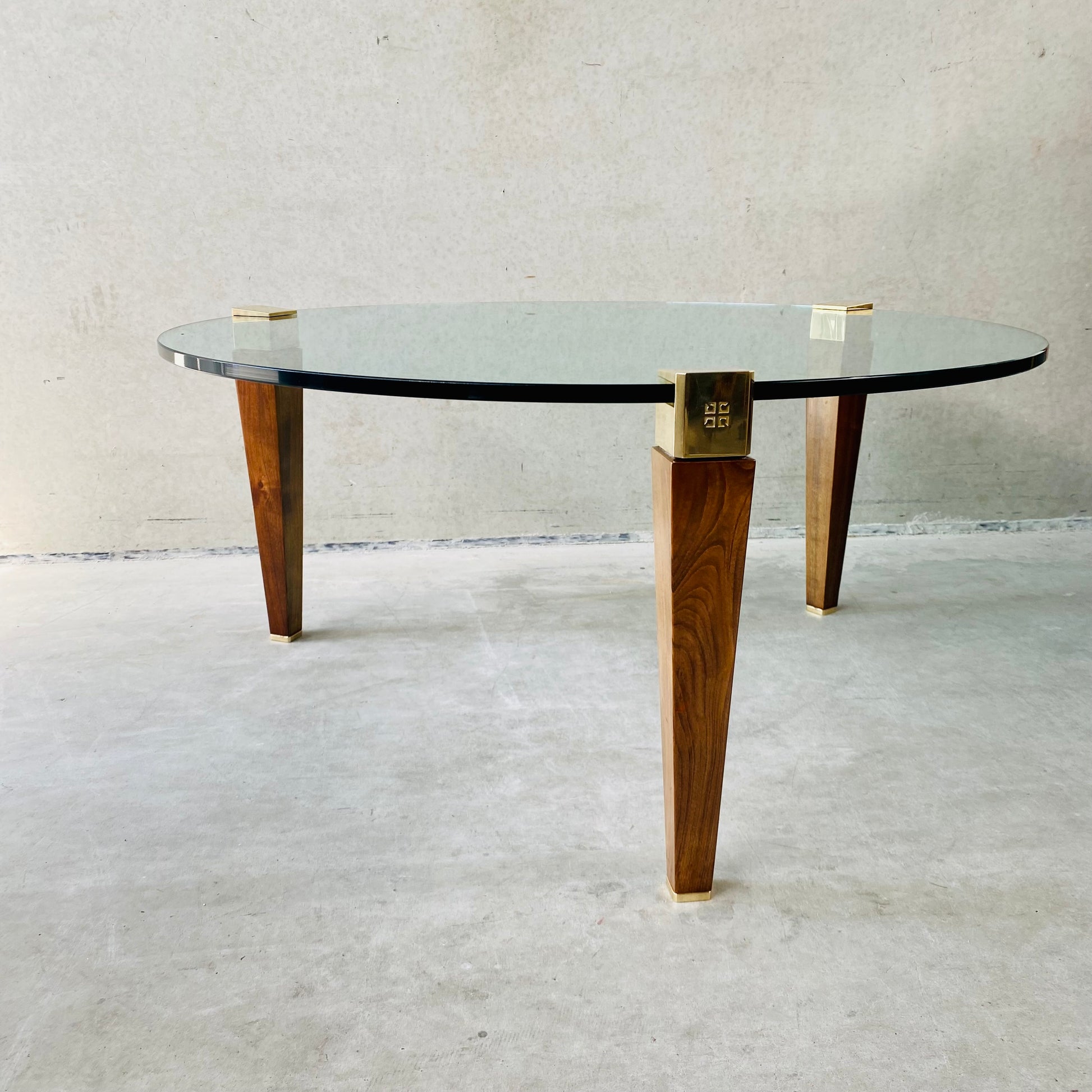 Mid-century Peter Ghyczy Round Brass Glass Oak Coffee Table 1970