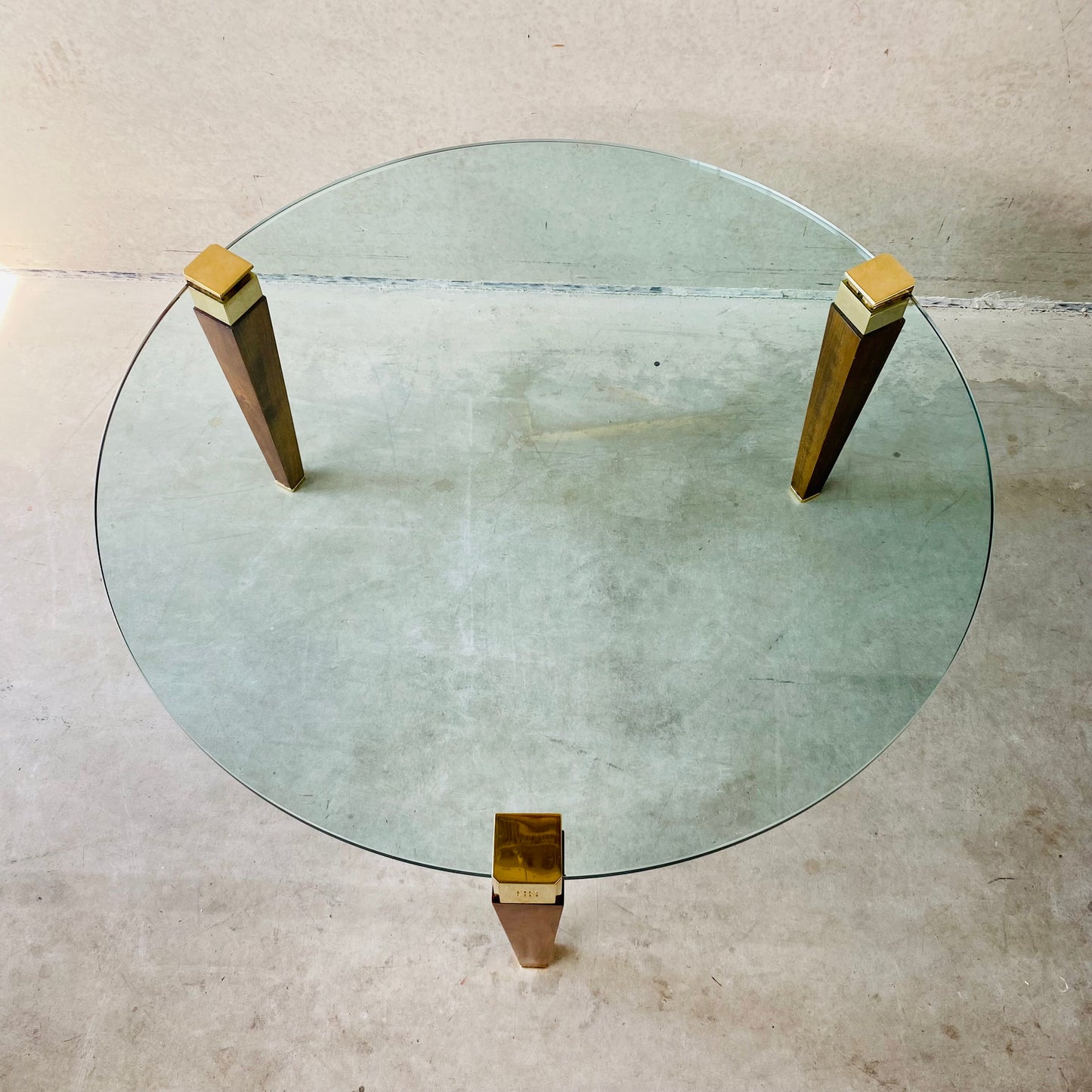 Mid-century Peter Ghyczy Round Brass Glass Oak Coffee Table 1970