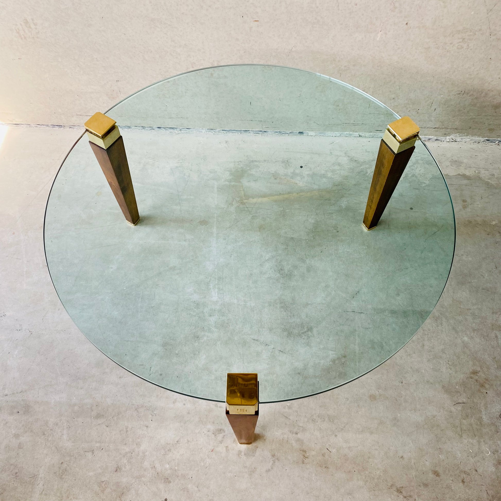 Mid-century Peter Ghyczy Round Brass Glass Oak Coffee Table 1970