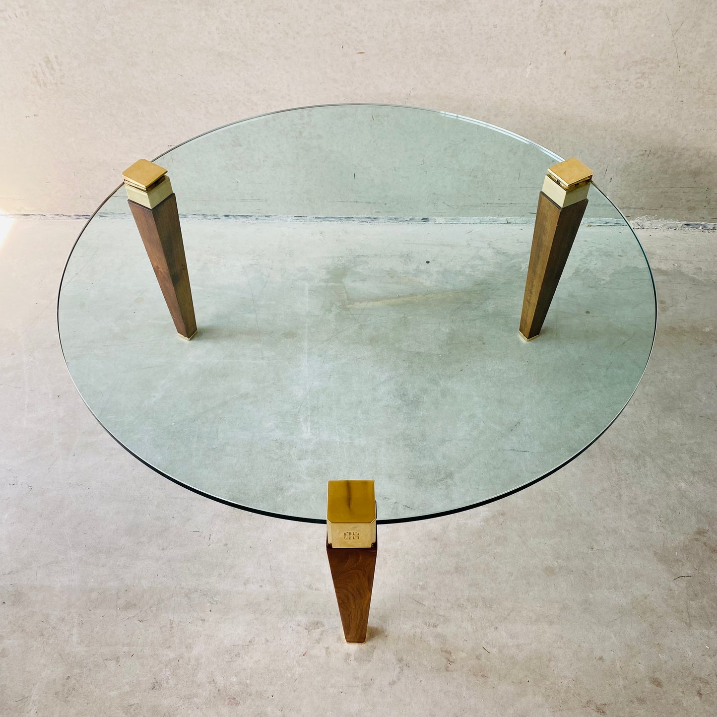 Mid-century Peter Ghyczy Round Brass Glass Oak Coffee Table 1970
