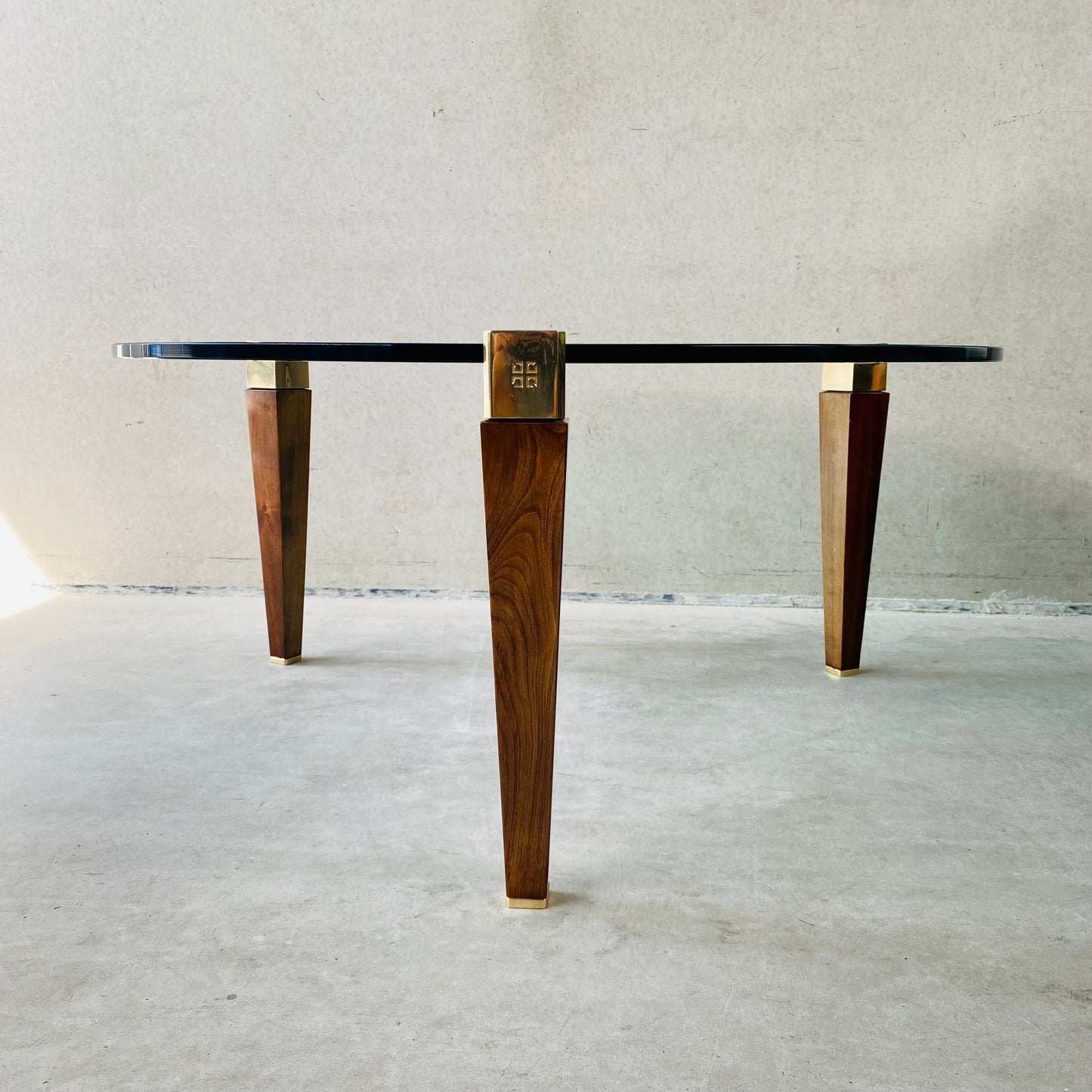 Mid-century Peter Ghyczy Round Brass Glass Oak Coffee Table 1970