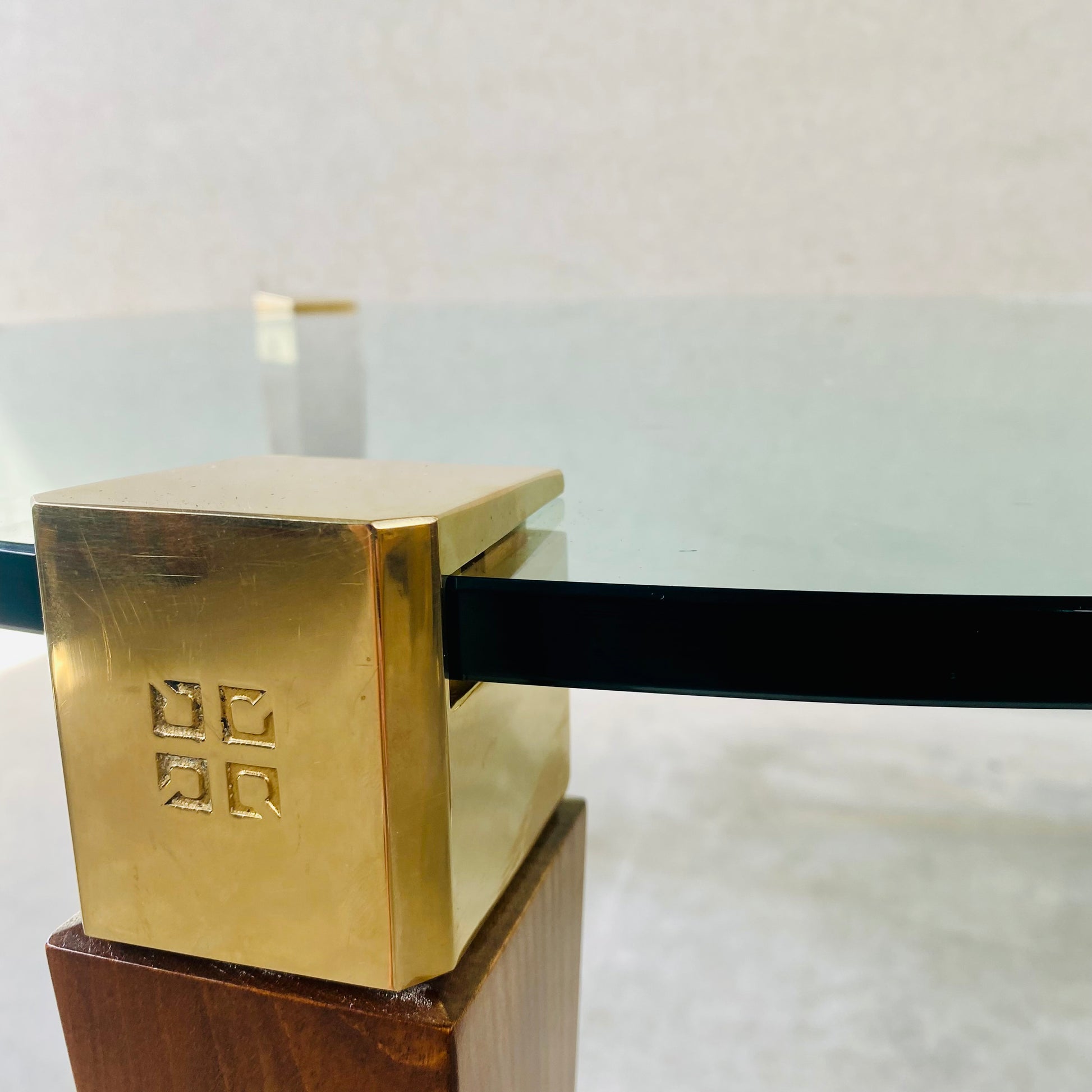 Mid-century Peter Ghyczy Round Brass Glass Oak Coffee Table 1970