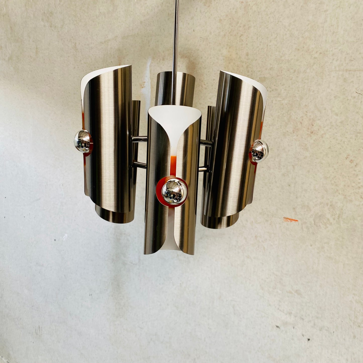 Pendelleuchte aus der Mitte des 20. Jahrhunderts von Polam, Kronleuchter aus Edelstahl, 1970