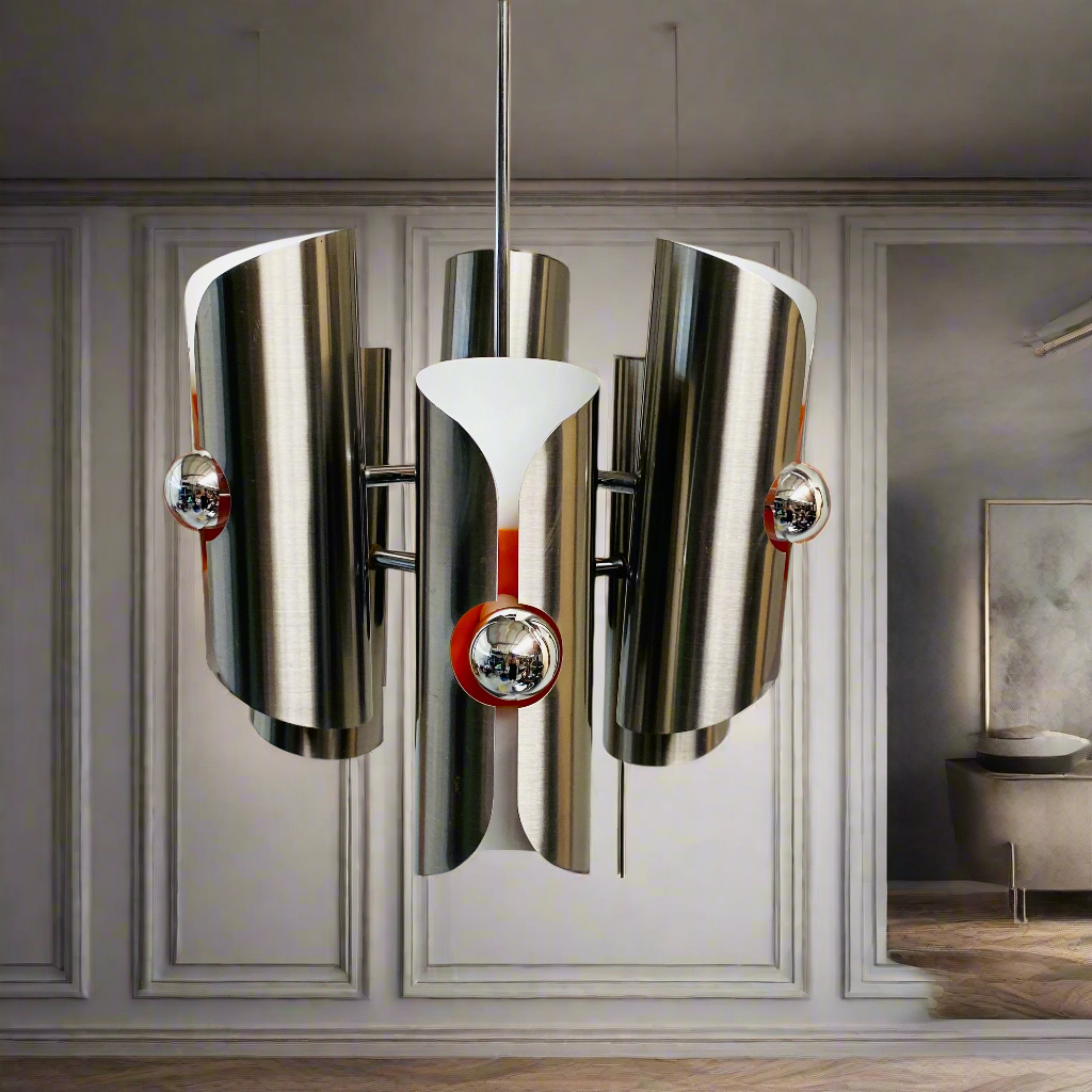 Pendelleuchte aus der Mitte des 20. Jahrhunderts von Polam, Kronleuchter aus Edelstahl, 1970