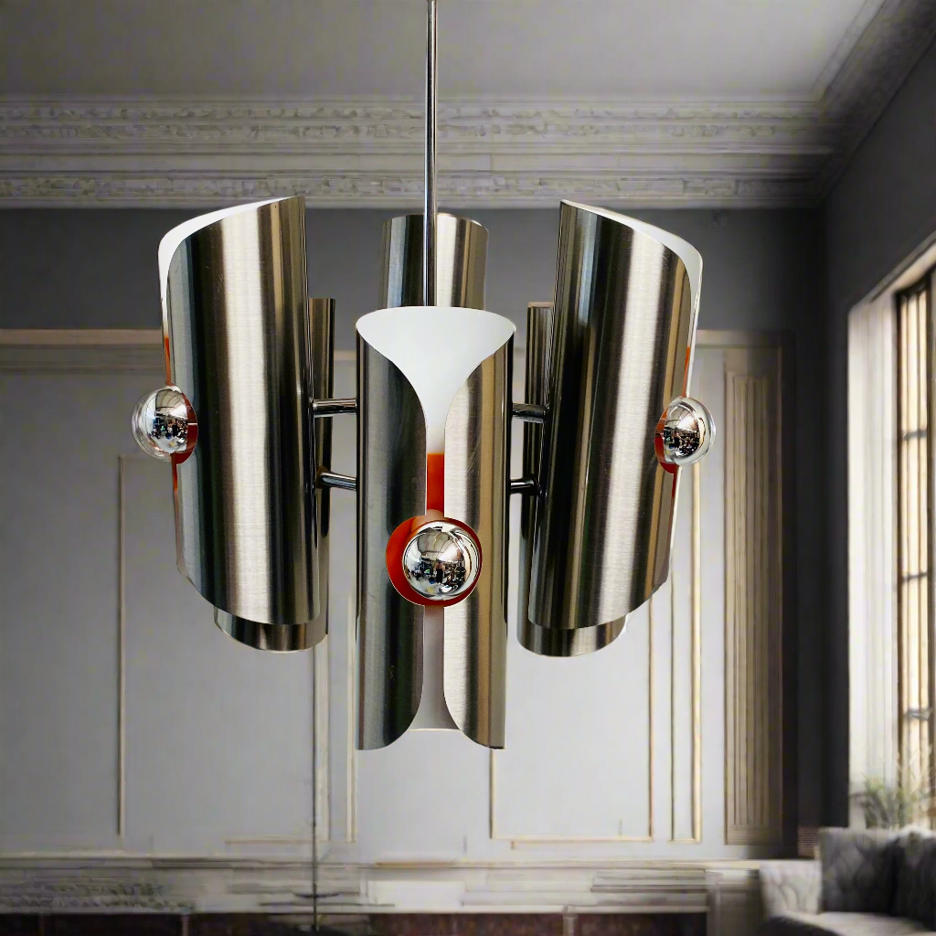 Pendelleuchte aus der Mitte des 20. Jahrhunderts von Polam, Kronleuchter aus Edelstahl, 1970